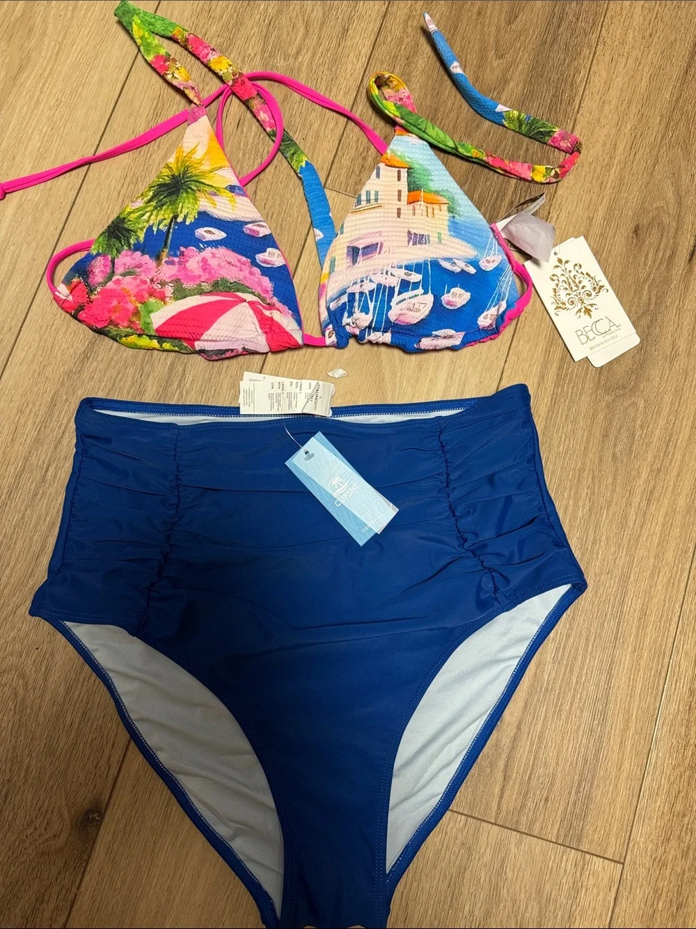 BECCA NWT L REVERSIBLE Tropical Print Triangle Top CUPSHE Navy High-Waist Bottom